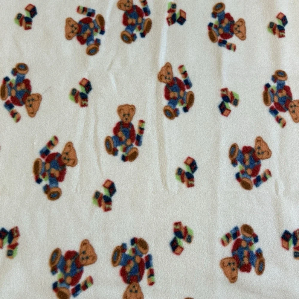 Spring Industries Vtg Blue Jean Teddy Bear Fleece Baby Blanket Blocks 29x40 Crib